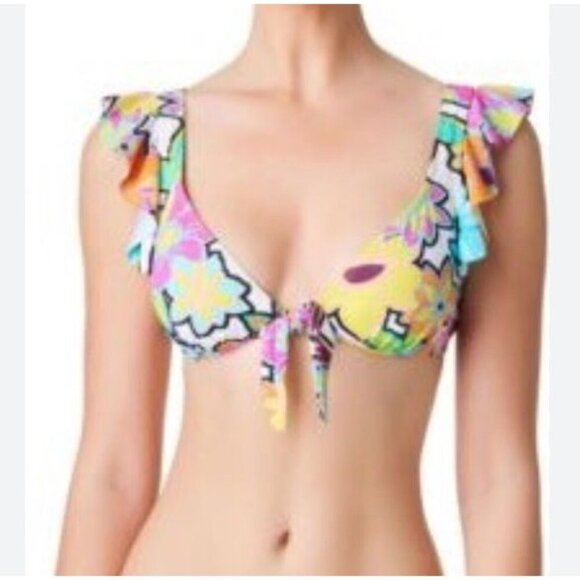 Bleu by Rod Beattie Sz 14 Bikini Top Color Crush Ruffled Tie Front New Retro - Picture 1 of 5